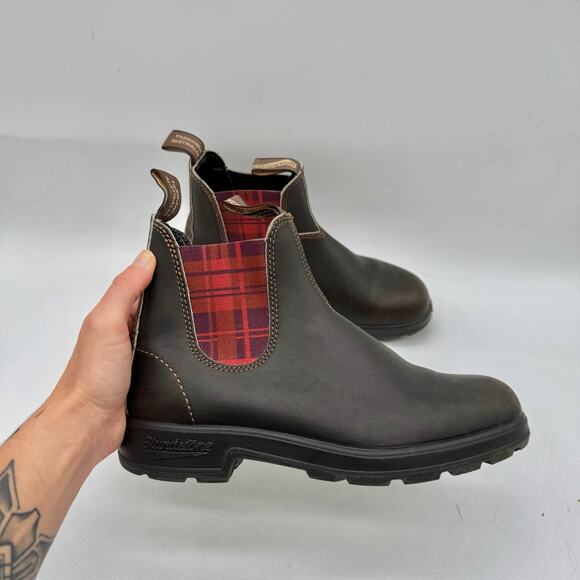 Blundstone Classic Brown & Plaid Leather Pull-On Chelsea Boots Women's Size 9 - Picture 1 of 7